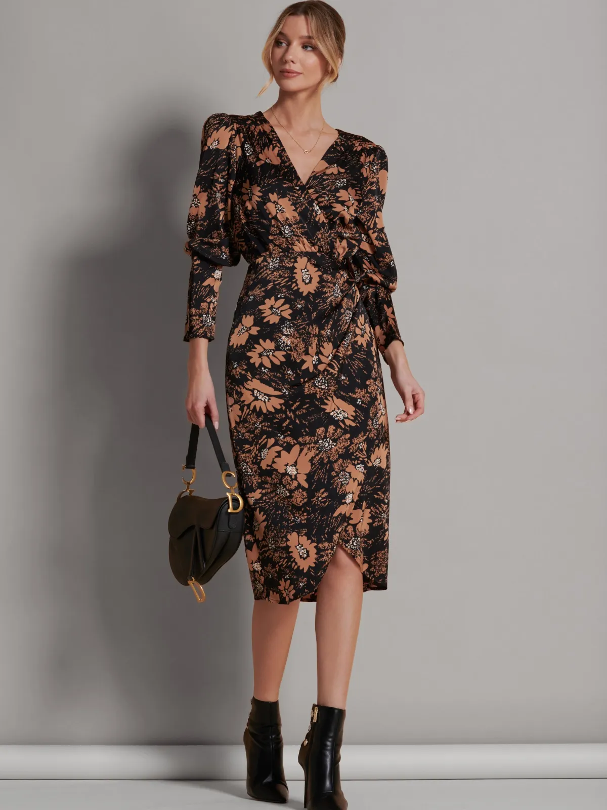 Jolie Moi Occasion Dresses|Midi Dresses-Sleeveless Bodycon Midi Dress, Brown Floral