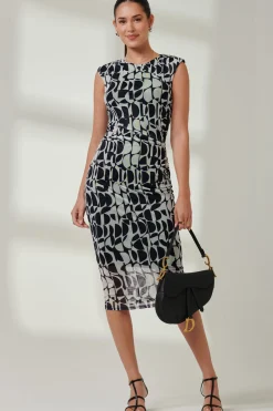 Jolie Moi Occasion Dresses|Sleeveless Dresses-Sleeveless Bodycon Midi Dress, Navy Geo
