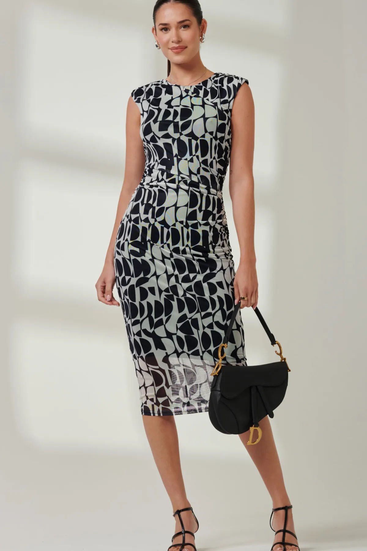 Jolie Moi Occasion Dresses|Sleeveless Dresses-Sleeveless Bodycon Midi Dress, Navy Geo