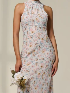 Jolie Moi Occasion Dresses|Floral Dresses-Sleeveless Chiffon Halterneck Midaxi Dress, Beige Floral