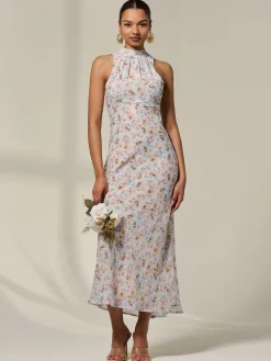 Jolie Moi Occasion Dresses|Floral Dresses-Sleeveless Chiffon Halterneck Midaxi Dress, Beige Floral