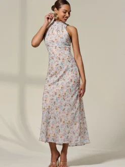 Jolie Moi Occasion Dresses|Floral Dresses-Sleeveless Chiffon Halterneck Midaxi Dress, Beige Floral