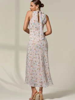 Jolie Moi Occasion Dresses|Floral Dresses-Sleeveless Chiffon Halterneck Midaxi Dress, Beige Floral
