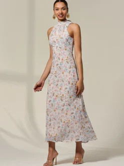 Jolie Moi Occasion Dresses|Floral Dresses-Sleeveless Chiffon Halterneck Midaxi Dress, Beige Floral