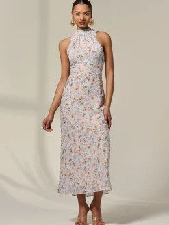 Jolie Moi Occasion Dresses|Floral Dresses-Sleeveless Chiffon Halterneck Midaxi Dress, Beige Floral