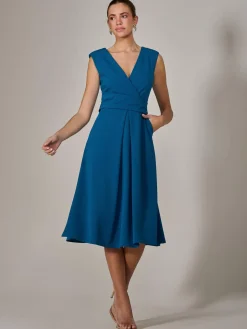 Jolie Moi Occasion Dresses|Sleeveless Dresses-Sleeveless Tie Waist Midi Dress, Teal