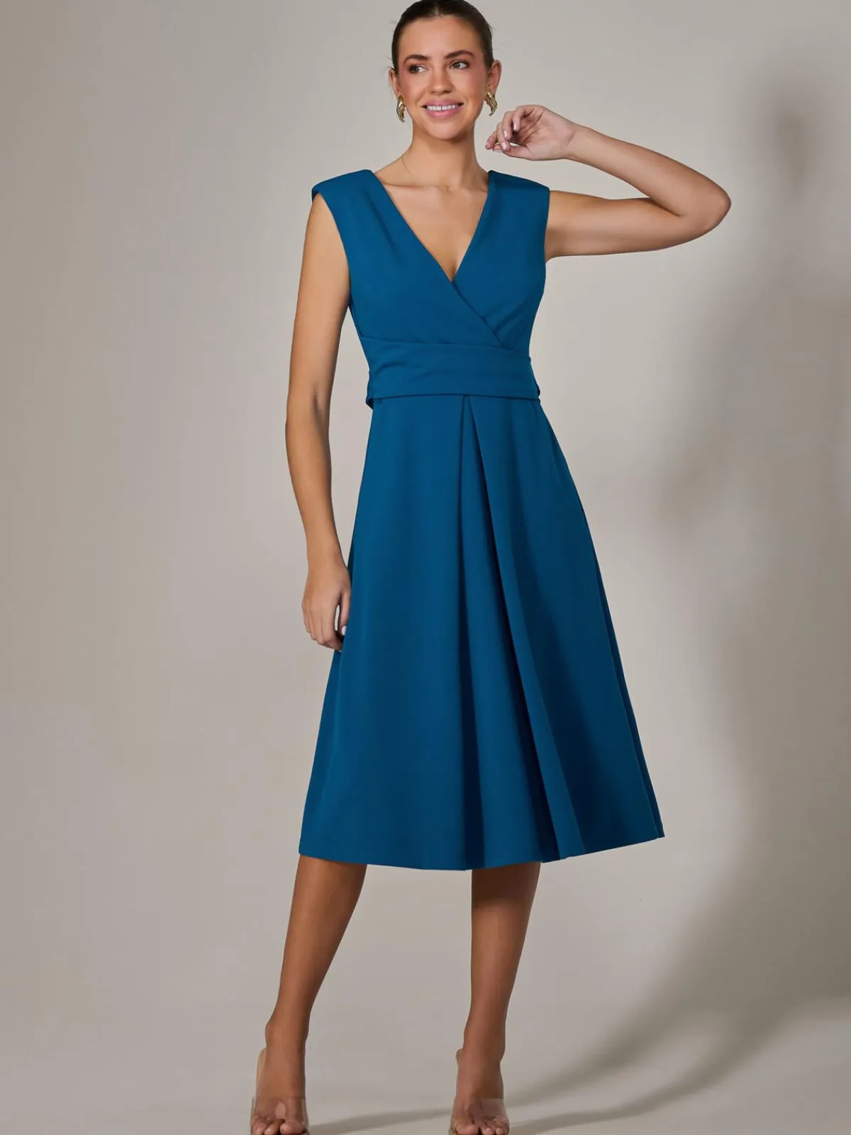 Jolie Moi Occasion Dresses|Sleeveless Dresses-Sleeveless Tie Waist Midi Dress, Teal
