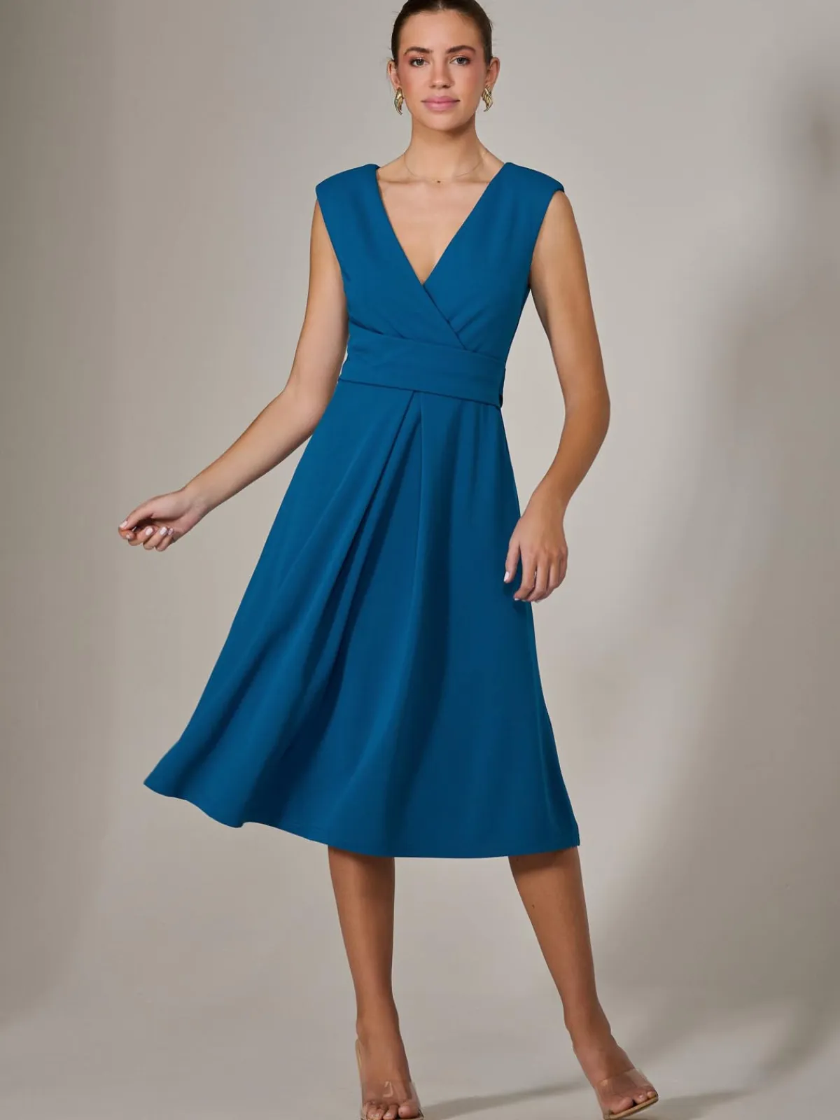 Jolie Moi Occasion Dresses|Sleeveless Dresses-Sleeveless Tie Waist Midi Dress, Teal