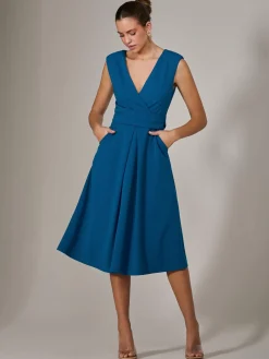 Jolie Moi Occasion Dresses|Sleeveless Dresses-Sleeveless Tie Waist Midi Dress, Teal