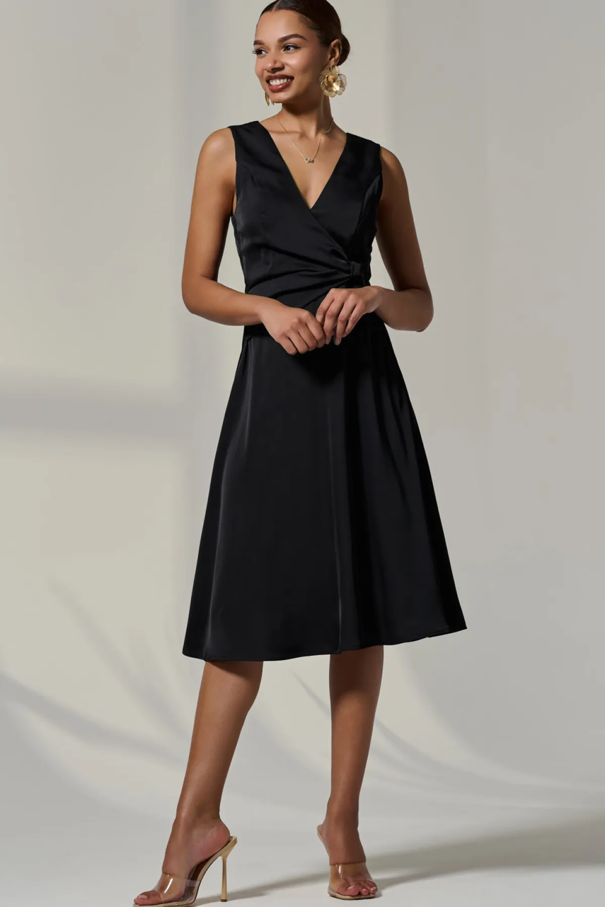 Jolie Moi Occasion Dresses|Midi Dresses-Sleeveless Waist Detail Midi Dress, Black