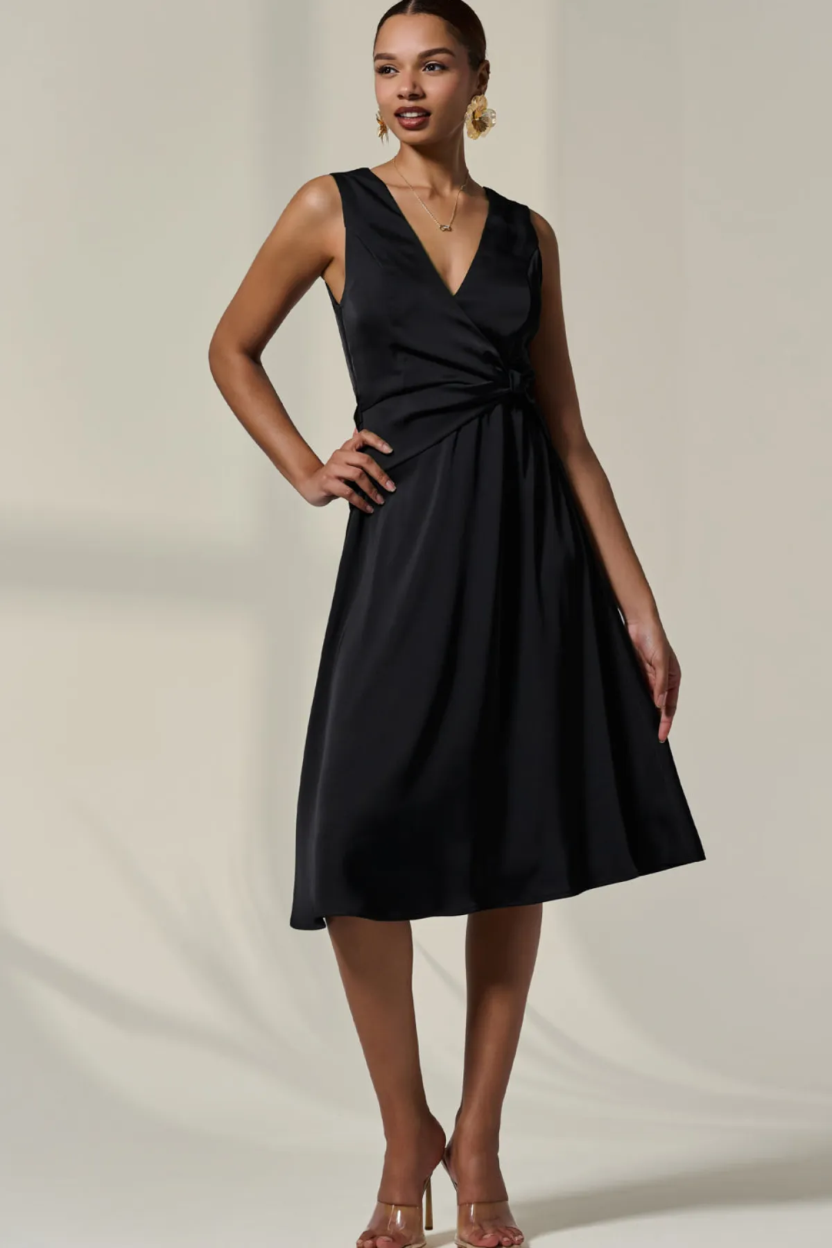 Jolie Moi Occasion Dresses|Midi Dresses-Sleeveless Waist Detail Midi Dress, Black