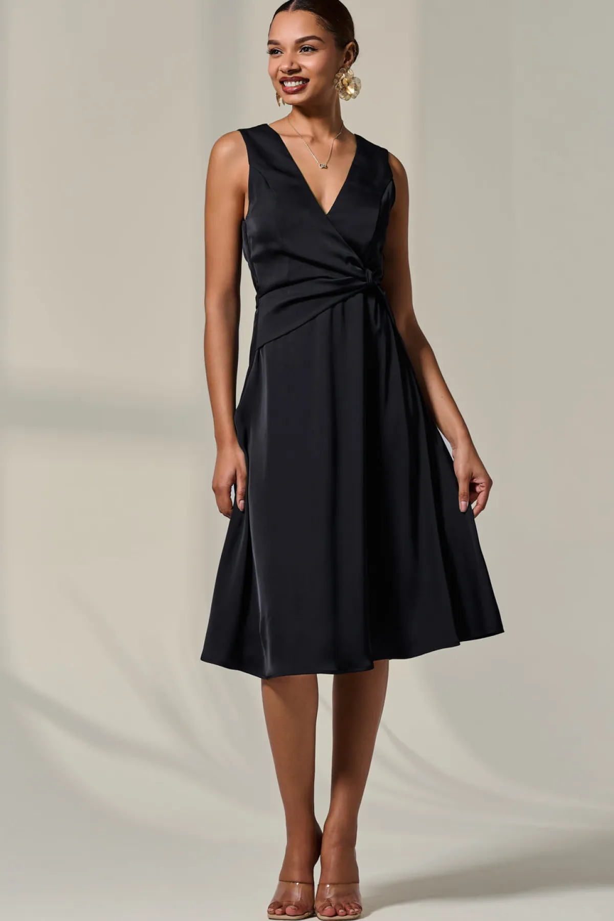 Jolie Moi Occasion Dresses|Midi Dresses-Sleeveless Waist Detail Midi Dress, Black
