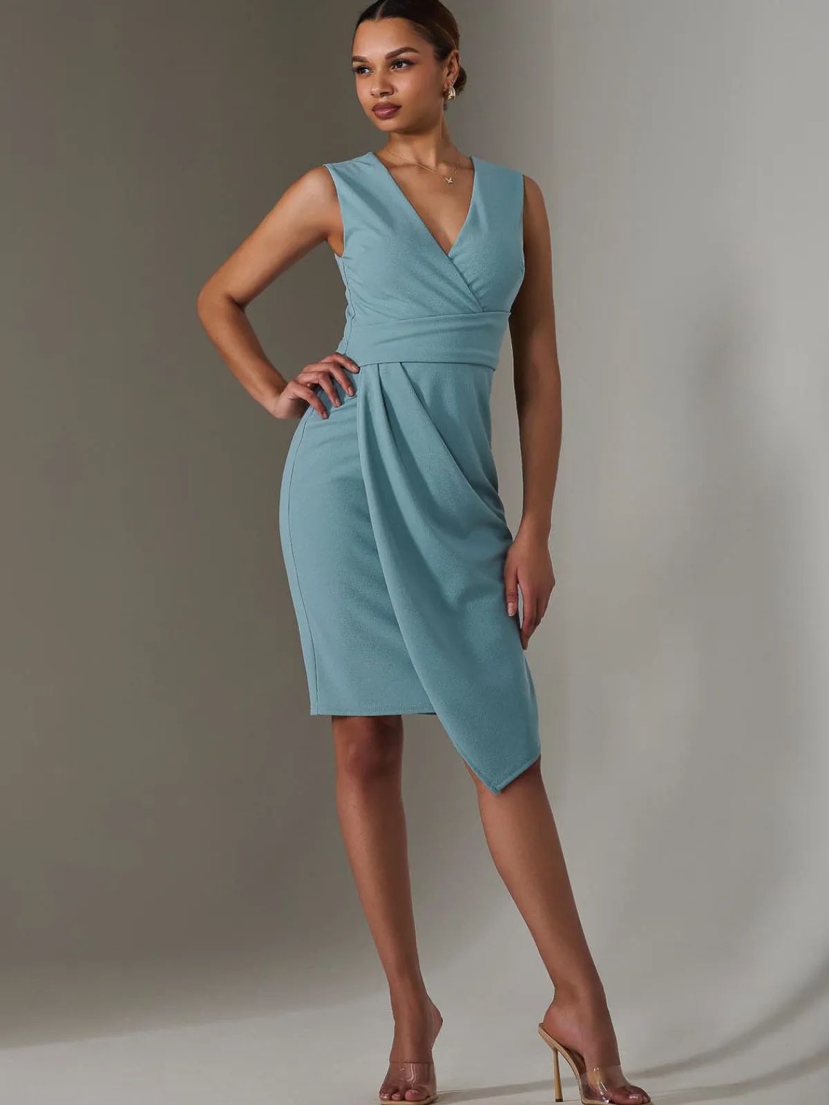 Jolie Moi Occasion Dresses|Sleeveless Dresses-Sleeveless Wrap Front Midi Dress, Duck Egg Blue