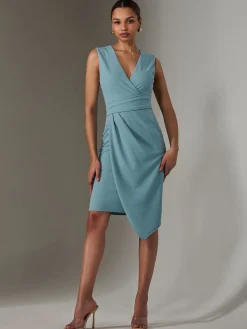 Jolie Moi Occasion Dresses|Sleeveless Dresses-Sleeveless Wrap Front Midi Dress, Duck Egg Blue