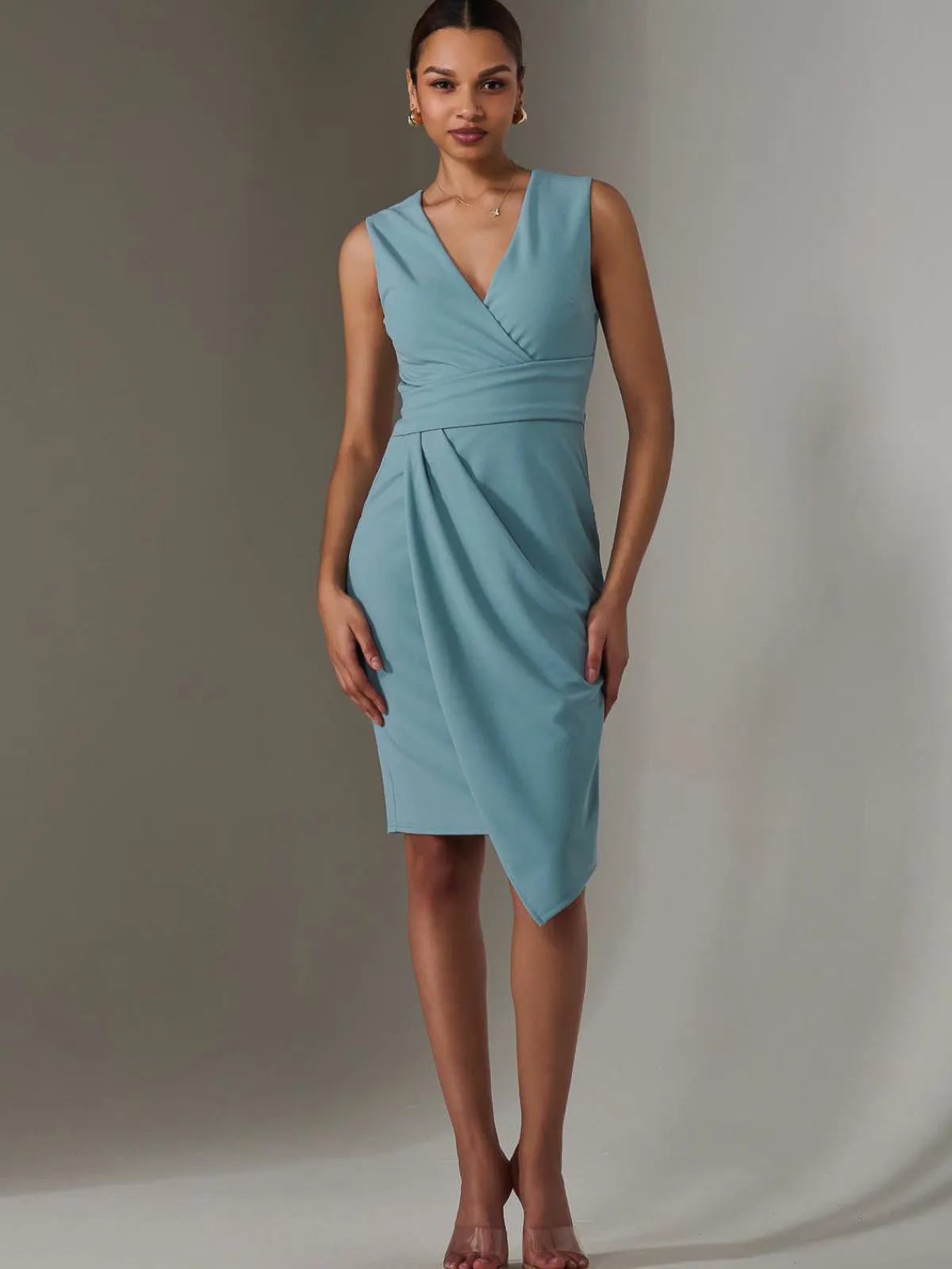 Jolie Moi Occasion Dresses|Sleeveless Dresses-Sleeveless Wrap Front Midi Dress, Duck Egg Blue