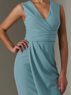 Jolie Moi Occasion Dresses|Sleeveless Dresses-Sleeveless Wrap Front Midi Dress, Duck Egg Blue