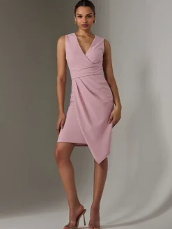 Jolie Moi Occasion Dresses|Sleeveless Dresses-Sleeveless Wrap Front Midi Dress, Dusty Pink