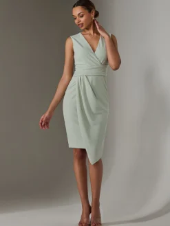 Jolie Moi Occasion Dresses|Sleeveless Dresses-Sleeveless Wrap Front Midi Dress, Light Green
