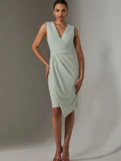 Jolie Moi Occasion Dresses|Sleeveless Dresses-Sleeveless Wrap Front Midi Dress, Light Green
