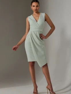 Jolie Moi Occasion Dresses|Sleeveless Dresses-Sleeveless Wrap Front Midi Dress, Light Green