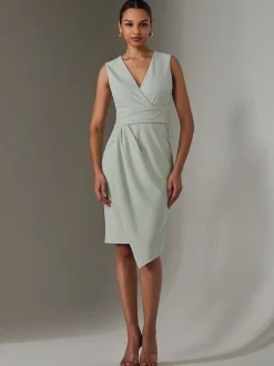 Jolie Moi Occasion Dresses|Sleeveless Dresses-Sleeveless Wrap Front Midi Dress, Light Green