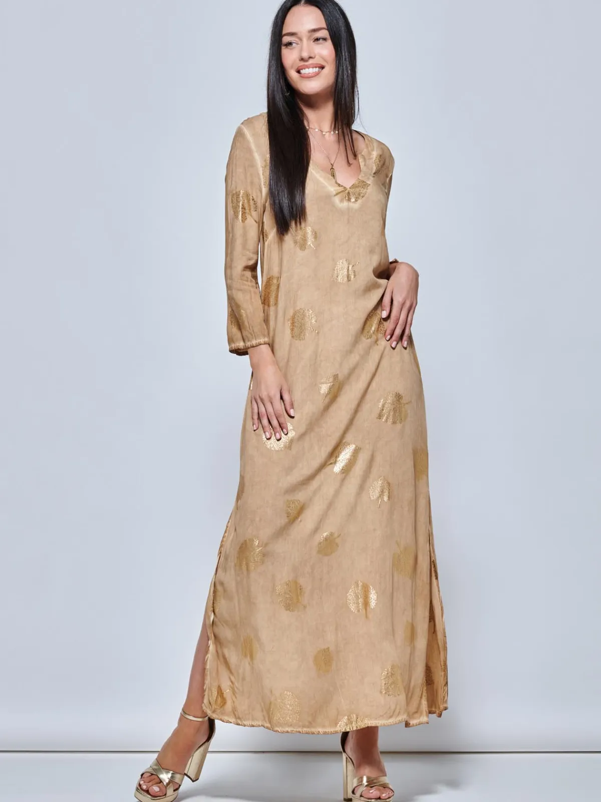 Jolie Moi Occasion Dresses|Weekend Casuals-3/4 eeve ooe Fit Hoiday Tunic axi Dre, Khaki Pattern