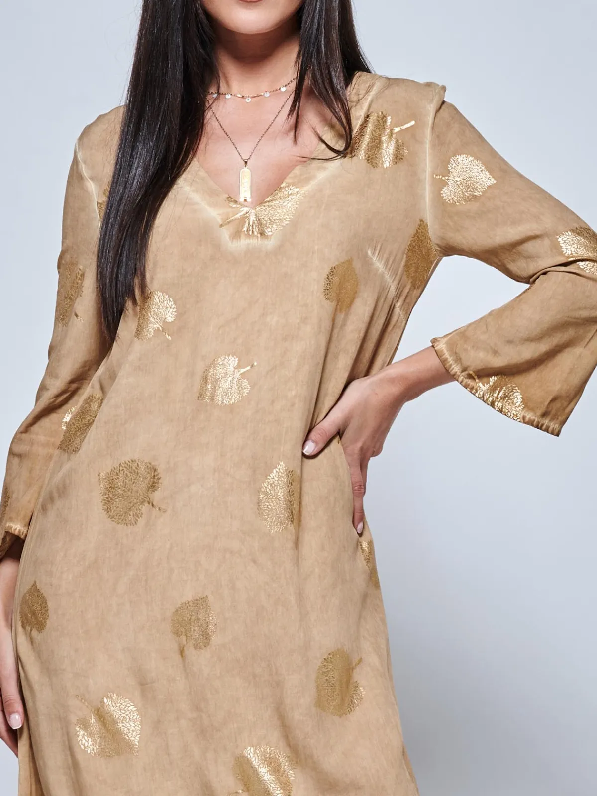 Jolie Moi Occasion Dresses|Weekend Casuals-3/4 eeve ooe Fit Hoiday Tunic axi Dre, Khaki Pattern