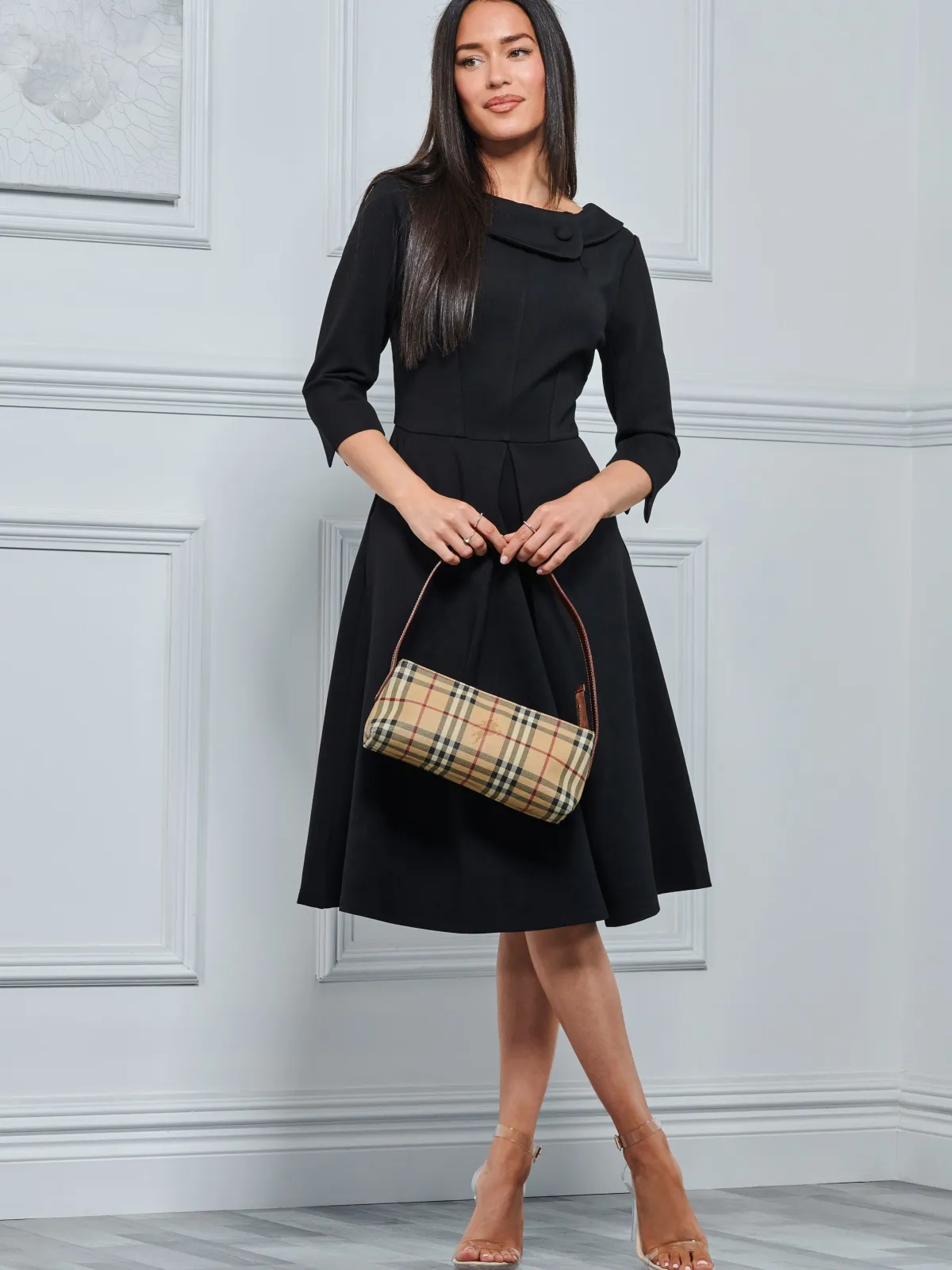 Jolie Moi Office Wear|Midi Dresses-3/4 Sleeve Midi Dress, Black