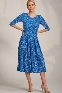 Jolie Moi Occasion Dresses|Jersey Dresses-Sleeve Printed Jersey Midi Dress, Blue Ditsy