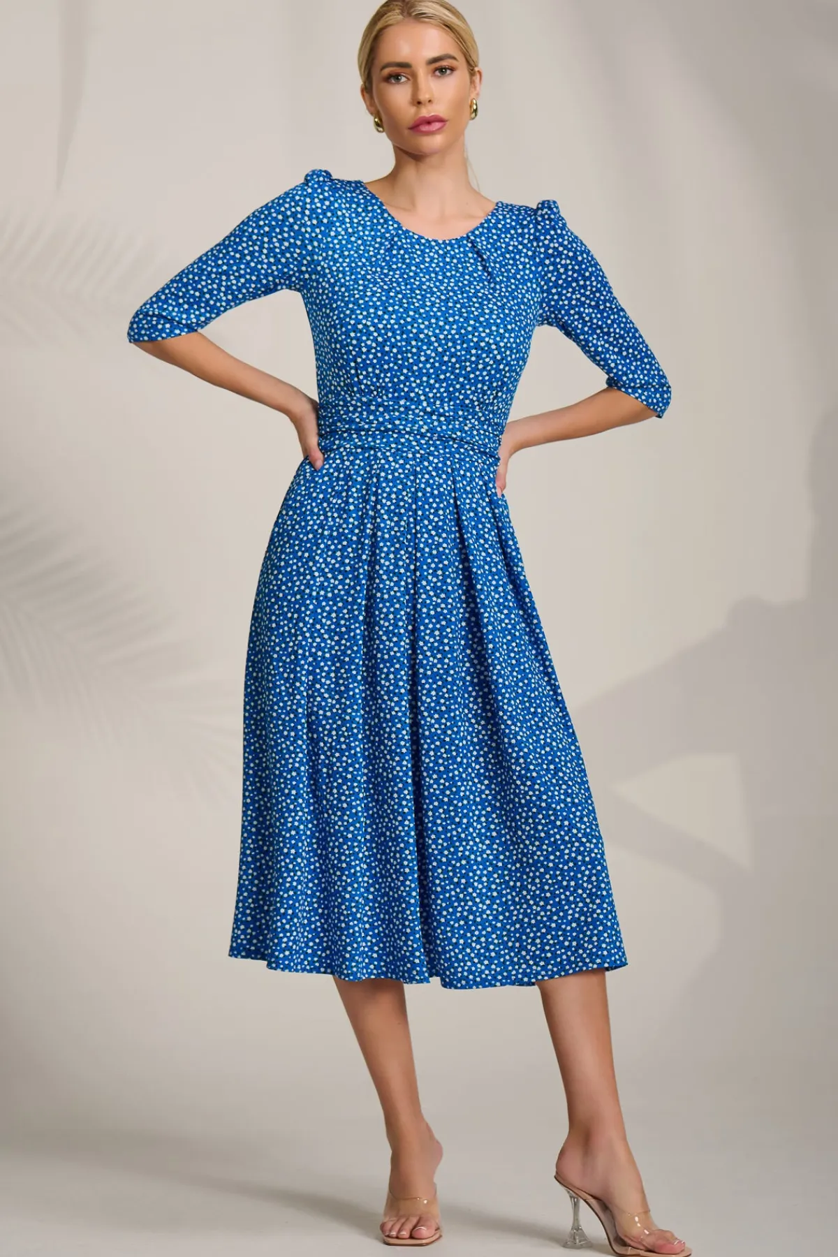 Jolie Moi Occasion Dresses|Jersey Dresses-Sleeve Printed Jersey Midi Dress, Blue Ditsy