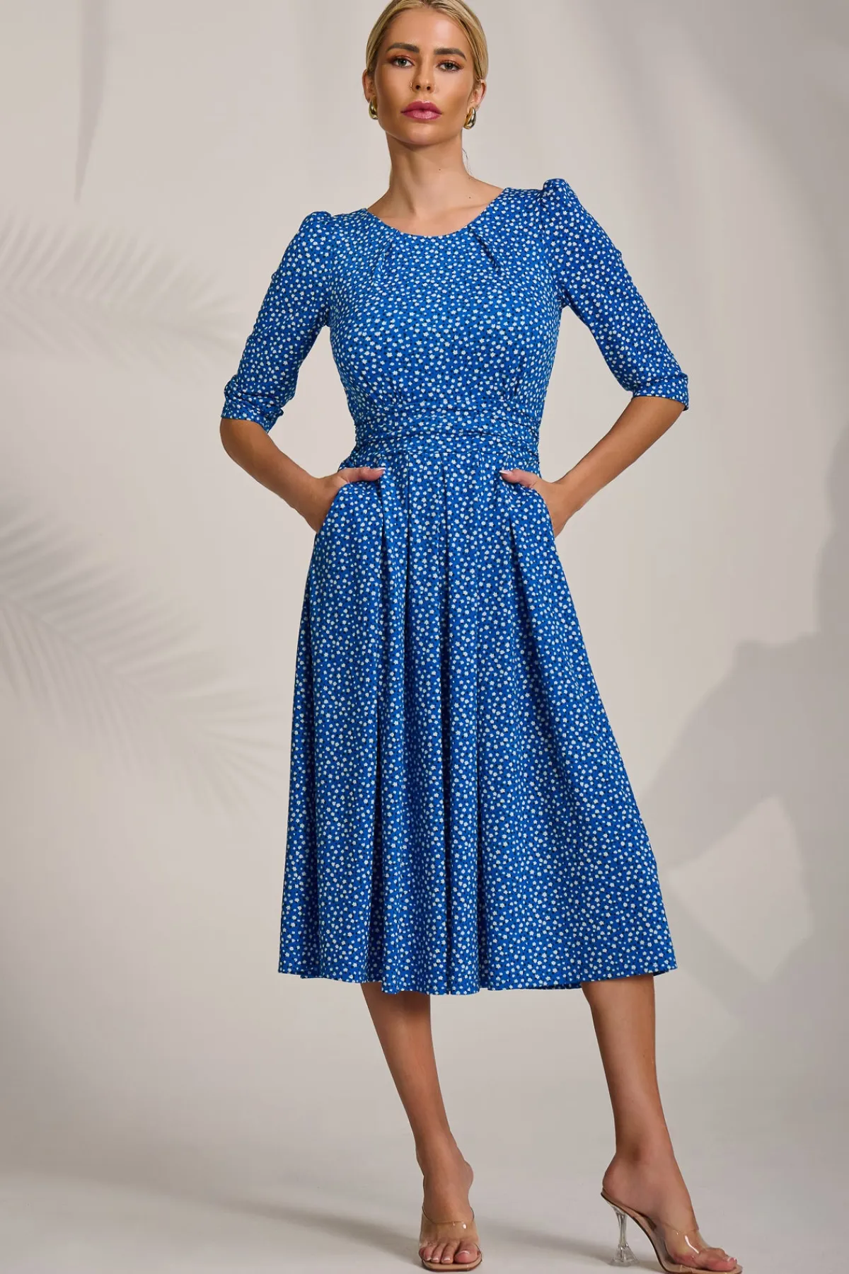 Jolie Moi Occasion Dresses|Jersey Dresses-Sleeve Printed Jersey Midi Dress, Blue Ditsy