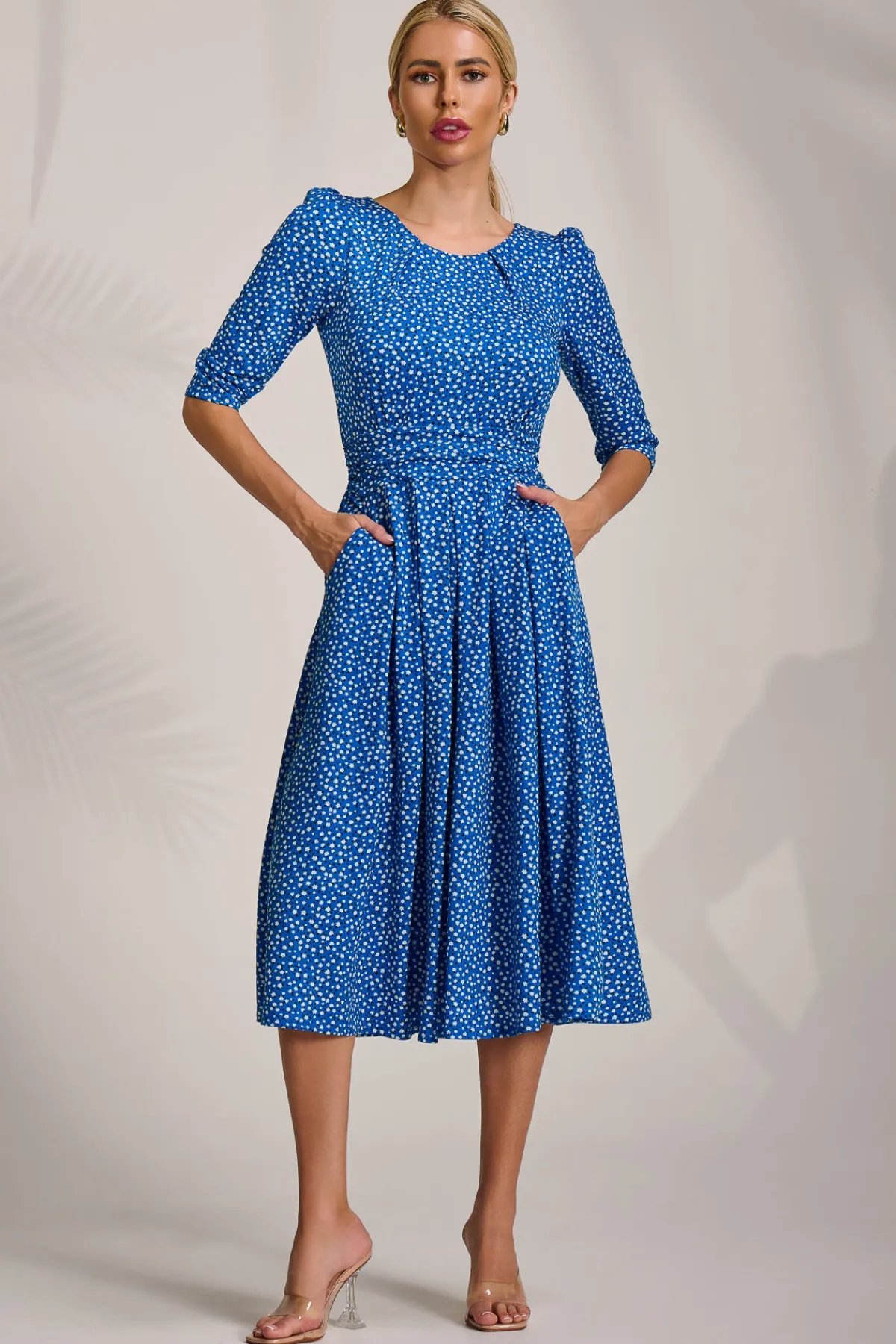 Jolie Moi Occasion Dresses|Jersey Dresses-Sleeve Printed Jersey Midi Dress, Blue Ditsy