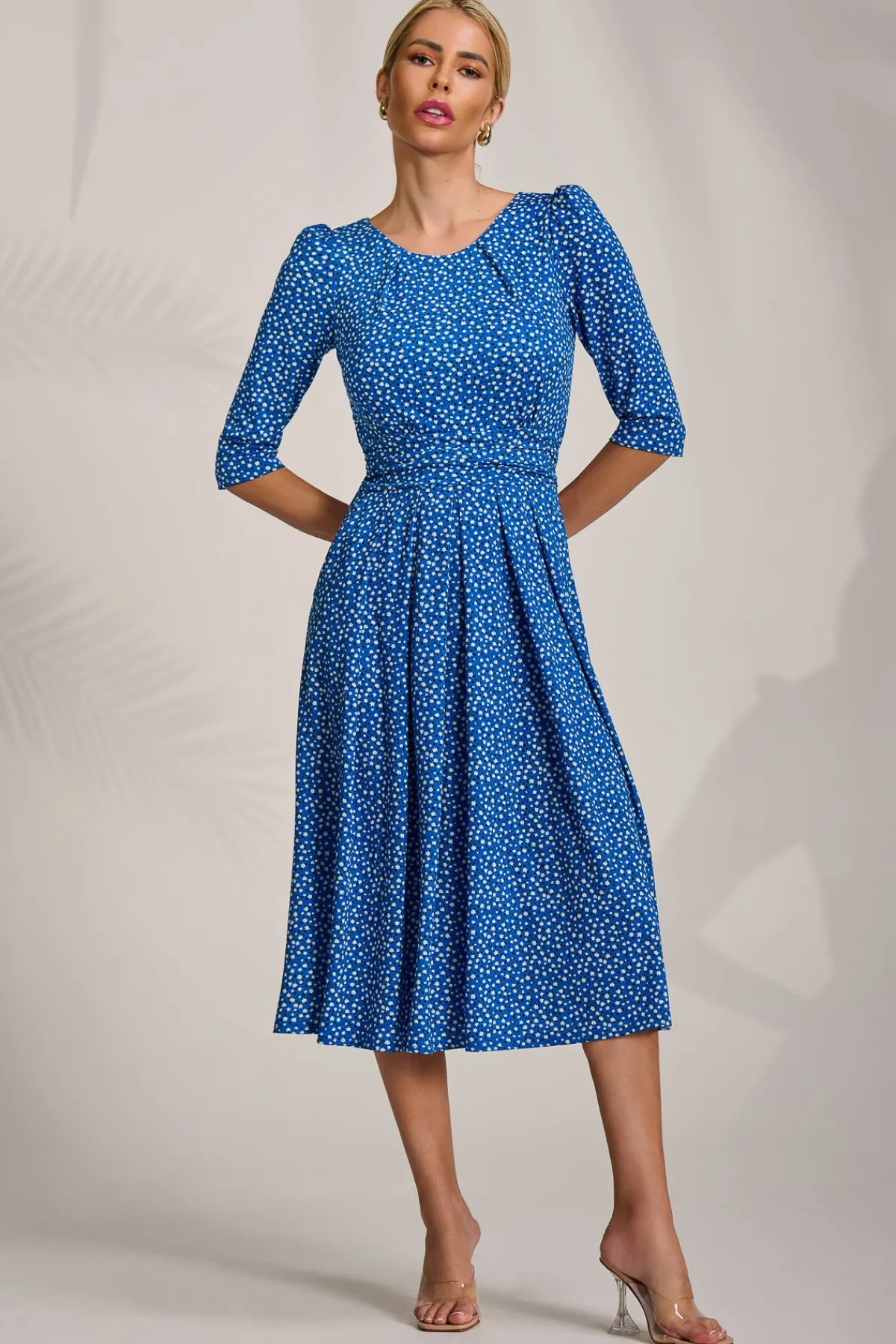Jolie Moi Occasion Dresses|Jersey Dresses-Sleeve Printed Jersey Midi Dress, Blue Ditsy