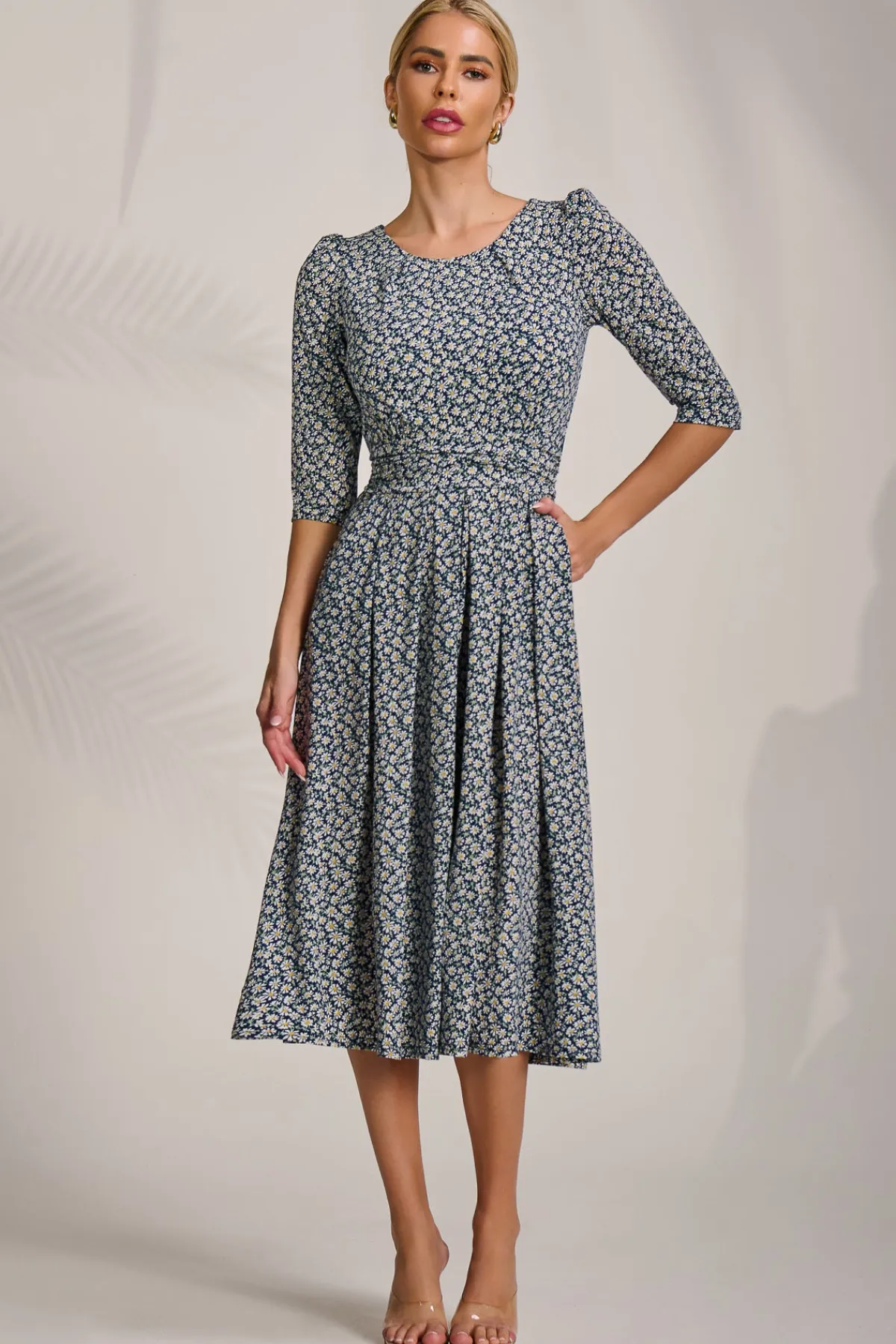 Jolie Moi Occasion Dresses|Jersey Dresses-Sleeve Printed Jersey Midi Dress, Navy Ditsy