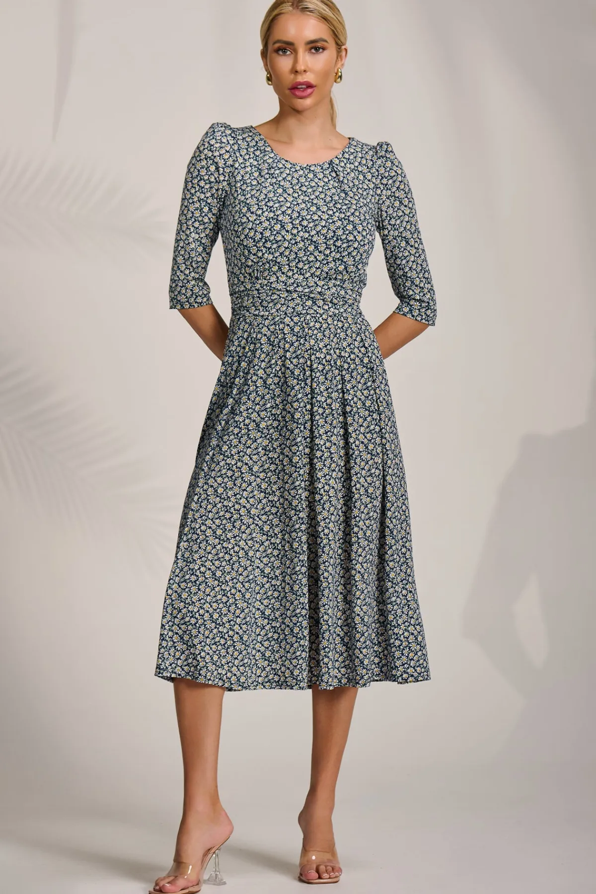 Jolie Moi Occasion Dresses|Jersey Dresses-Sleeve Printed Jersey Midi Dress, Navy Ditsy