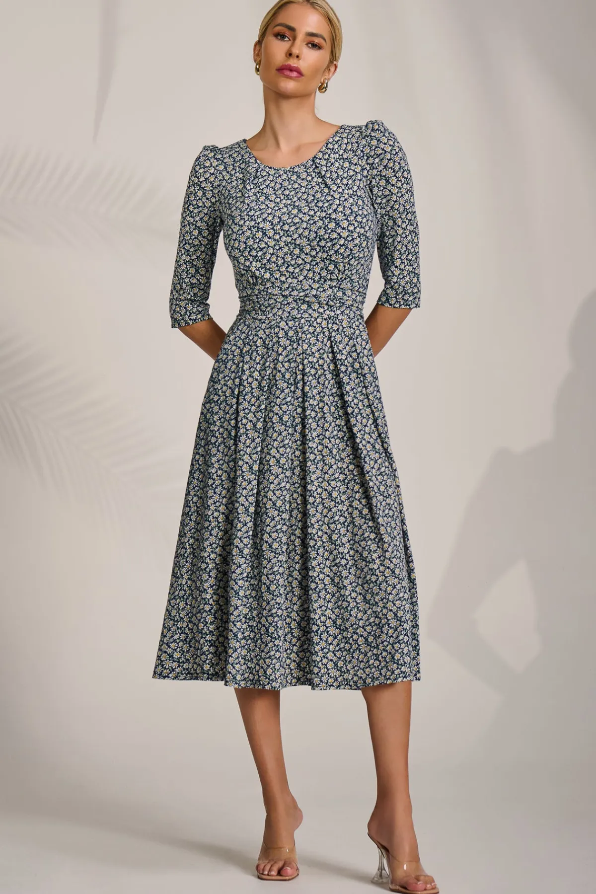 Jolie Moi Occasion Dresses|Jersey Dresses-Sleeve Printed Jersey Midi Dress, Navy Ditsy