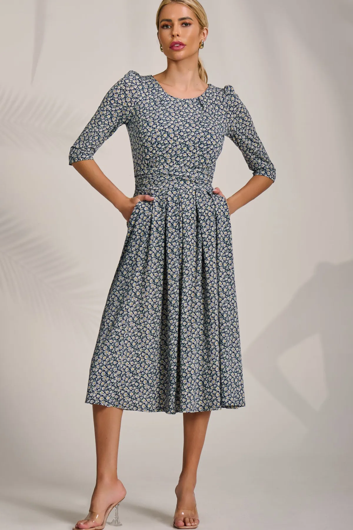 Jolie Moi Occasion Dresses|Jersey Dresses-Sleeve Printed Jersey Midi Dress, Navy Ditsy