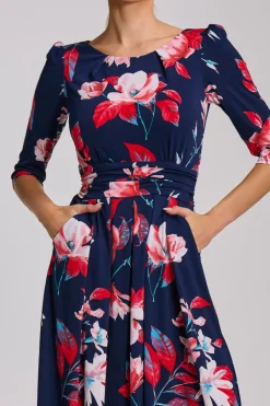 Jolie Moi Occasion Dresses|Floral Dresses-Sleeve Printed Jersey Midi Dress, Navy Floral
