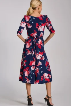 Jolie Moi Occasion Dresses|Floral Dresses-Sleeve Printed Jersey Midi Dress, Navy Floral