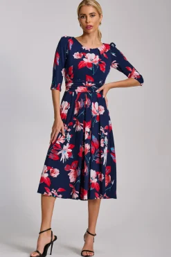 Jolie Moi Occasion Dresses|Floral Dresses-Sleeve Printed Jersey Midi Dress, Navy Floral