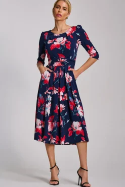 Jolie Moi Occasion Dresses|Floral Dresses-Sleeve Printed Jersey Midi Dress, Navy Floral