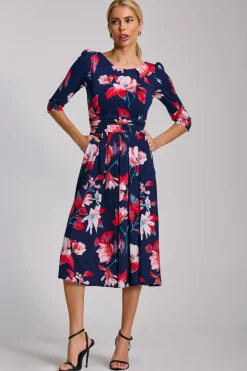 Jolie Moi Occasion Dresses|Floral Dresses-Sleeve Printed Jersey Midi Dress, Navy Floral