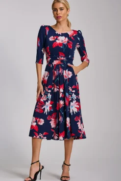 Jolie Moi Occasion Dresses|Floral Dresses-Sleeve Printed Jersey Midi Dress, Navy Floral