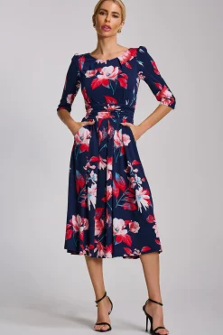 Jolie Moi Occasion Dresses|Floral Dresses-Sleeve Printed Jersey Midi Dress, Navy Floral