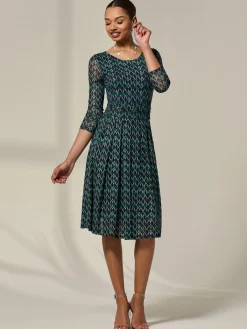 Jolie Moi Occasion Dresses|Mesh Dresses-3/4 Sleeve Printed Mesh Dress, Green Geo