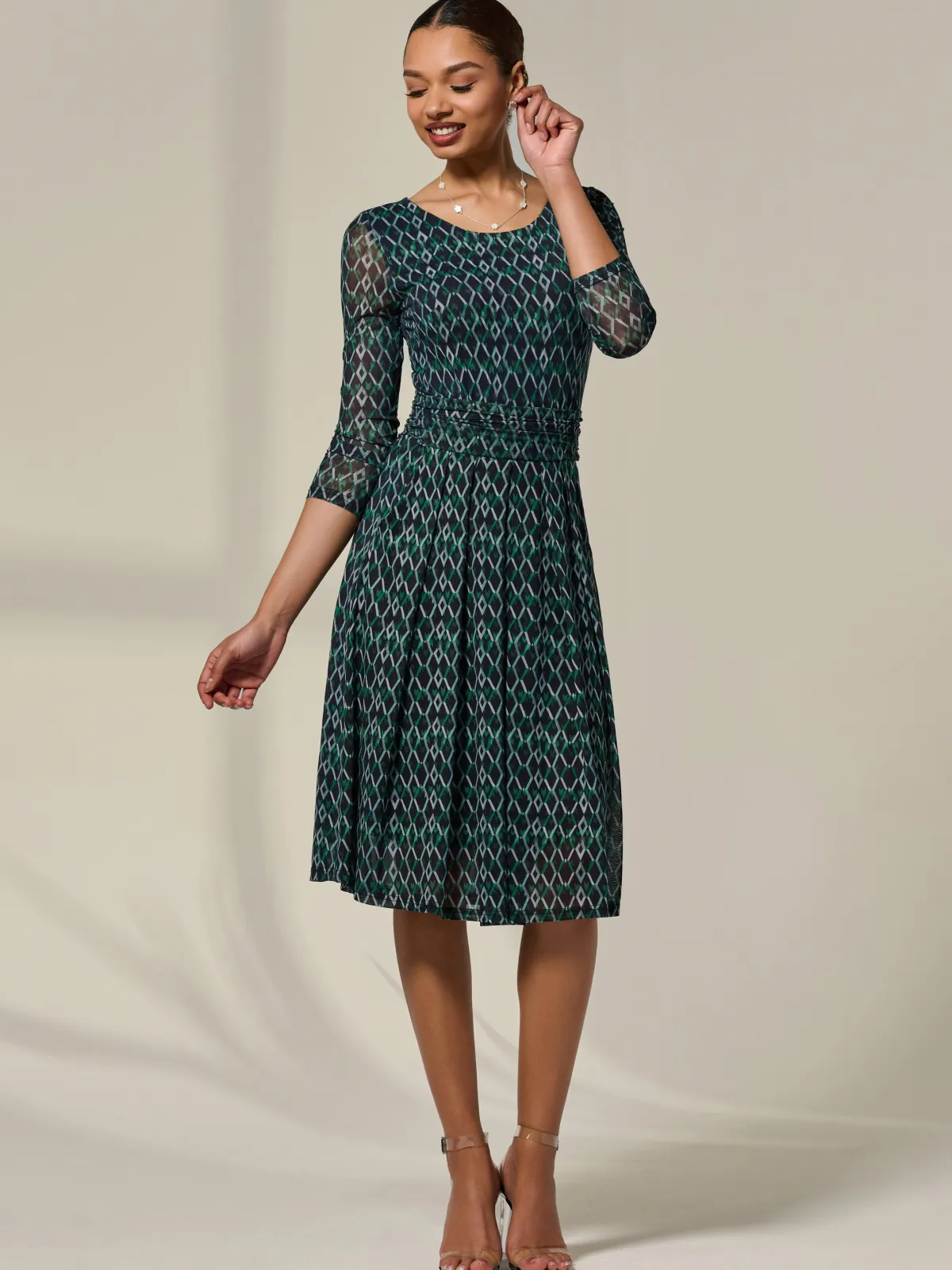 Jolie Moi Occasion Dresses|Mesh Dresses-3/4 Sleeve Printed Mesh Dress, Green Geo