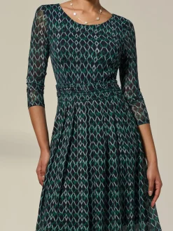 Jolie Moi Occasion Dresses|Mesh Dresses-3/4 Sleeve Printed Mesh Dress, Green Geo