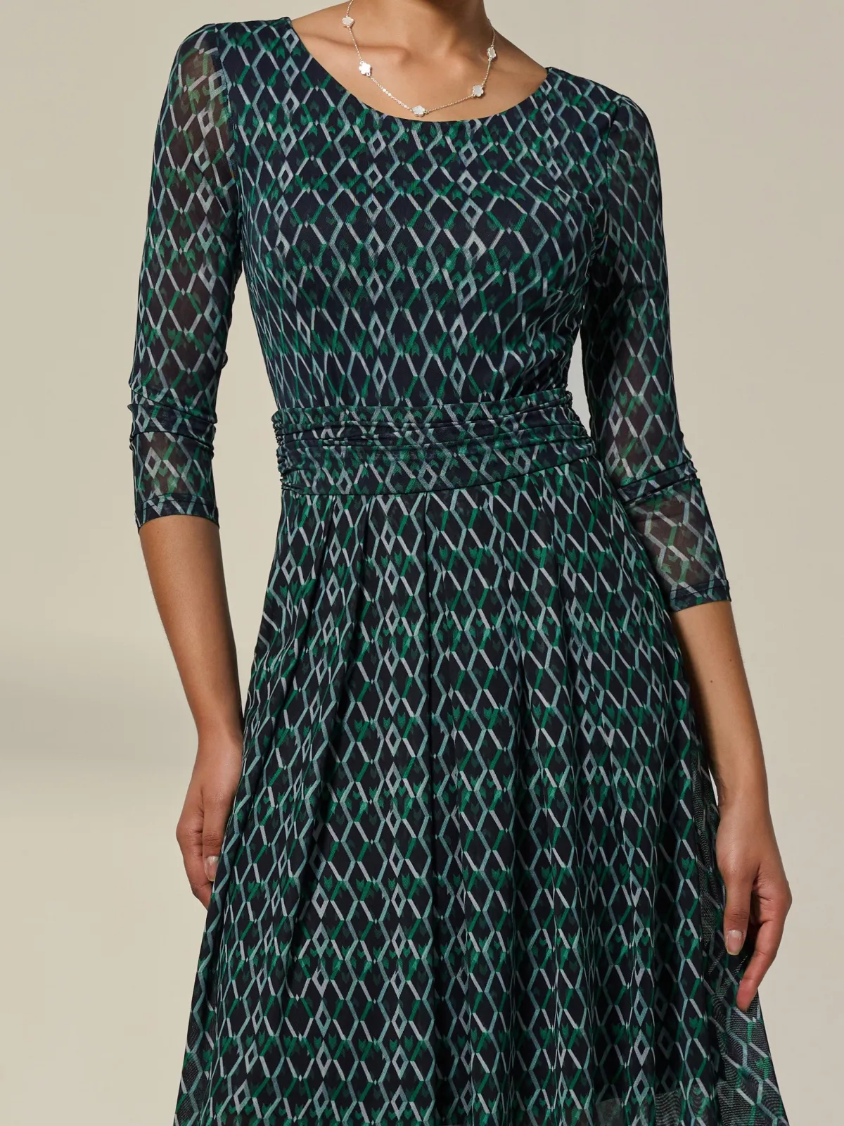 Jolie Moi Occasion Dresses|Mesh Dresses-3/4 Sleeve Printed Mesh Dress, Green Geo