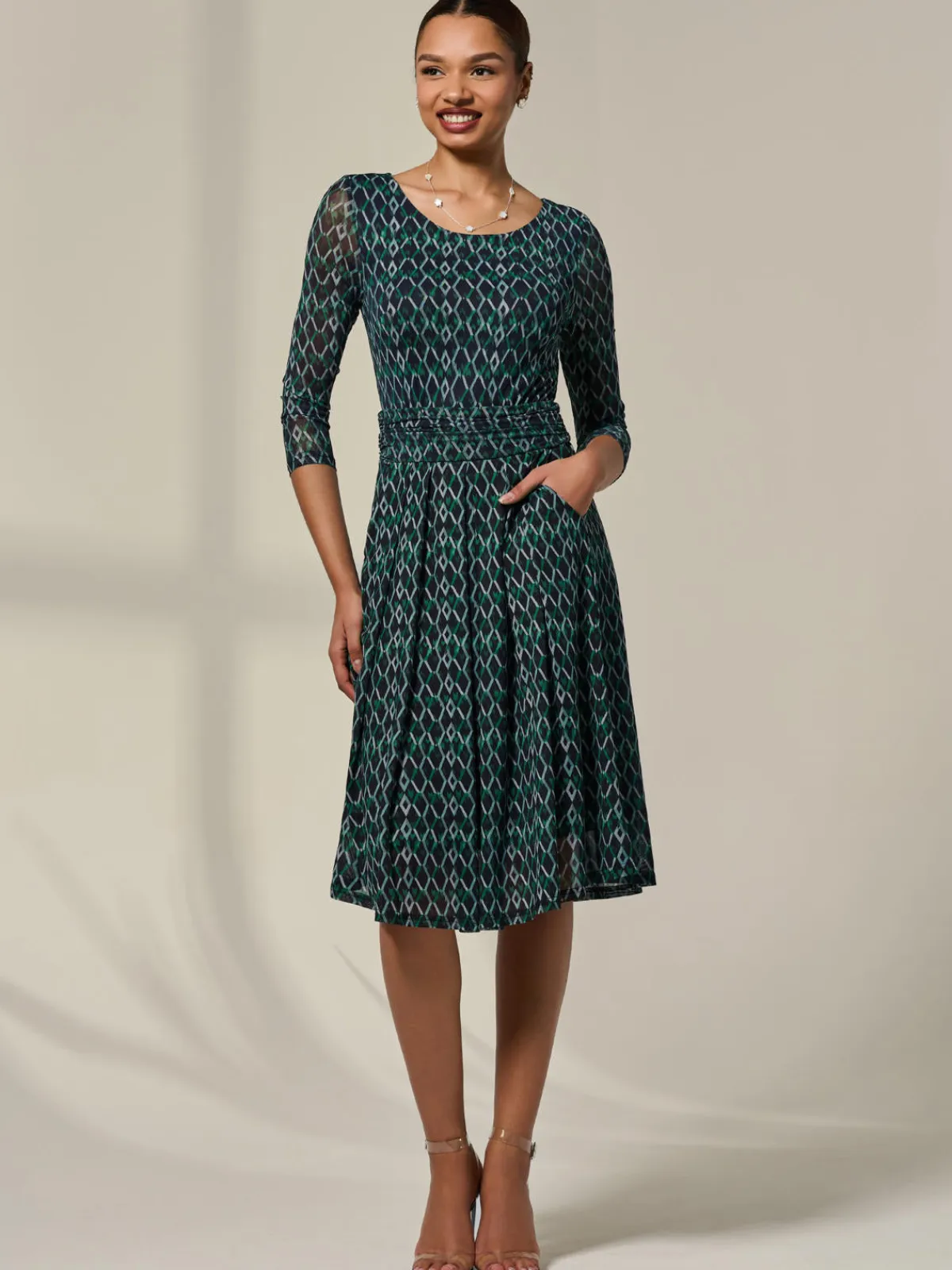 Jolie Moi Occasion Dresses|Mesh Dresses-3/4 Sleeve Printed Mesh Dress, Green Geo