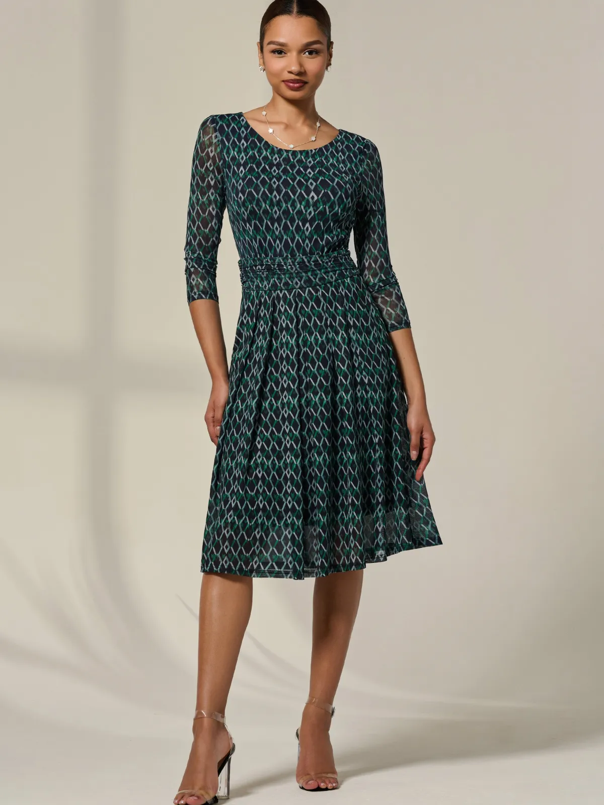 Jolie Moi Occasion Dresses|Mesh Dresses-3/4 Sleeve Printed Mesh Dress, Green Geo